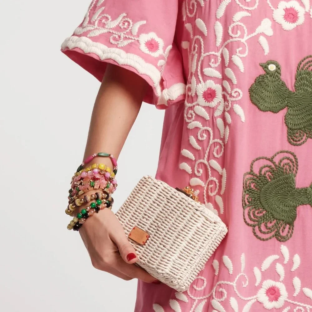Frances Valentine White Wicker Clutch with Gold Hardware